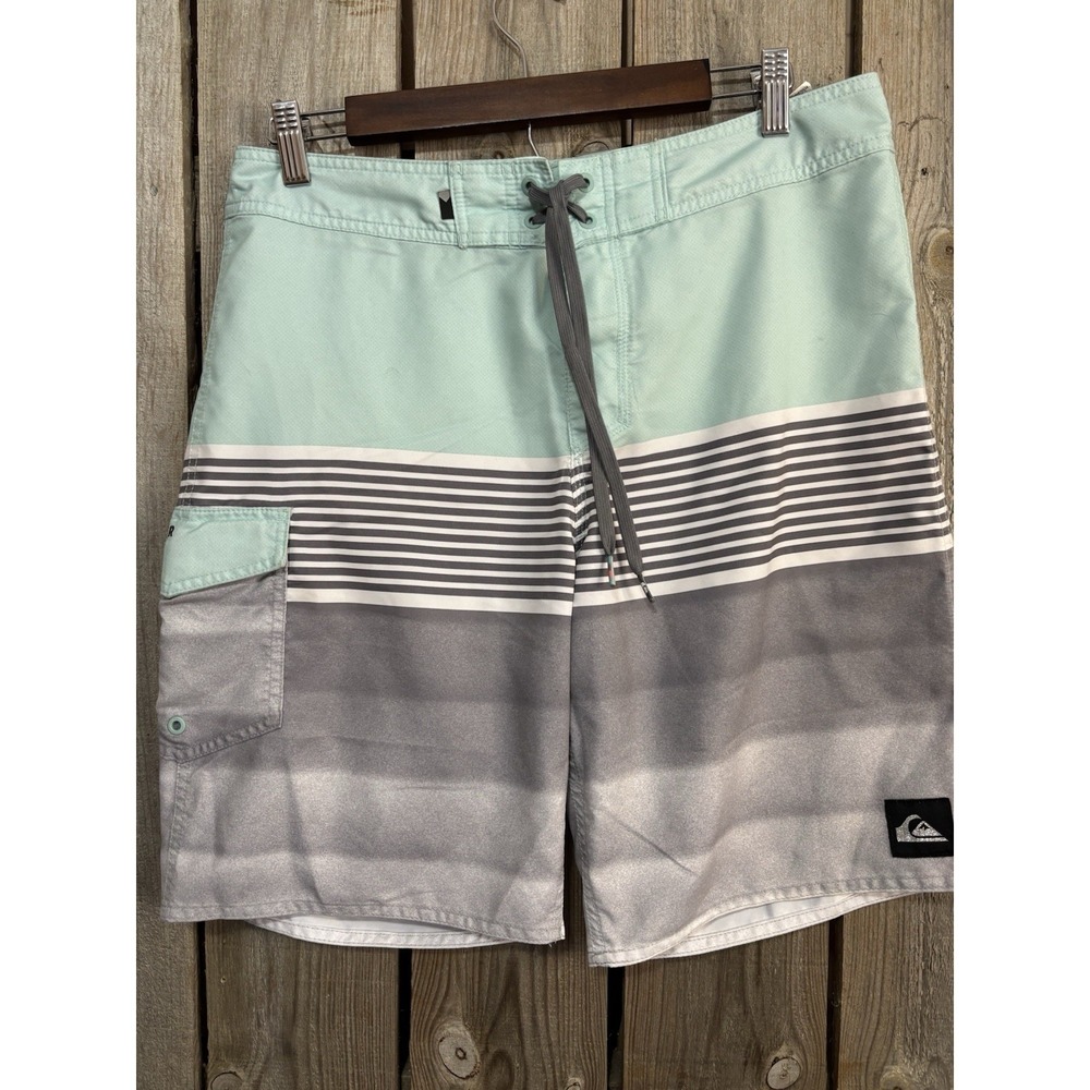 Quiksilver Board Shorts‎ Mens 32 Mint Gray Striped Surf Swim Trunks 9.5 Length